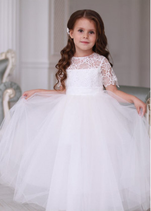 Short Sleeve Ivory Lace Tulle Long Flower Girl Dress Short Sleeve Ivory Lace Tulle Long Flower Girl Dress